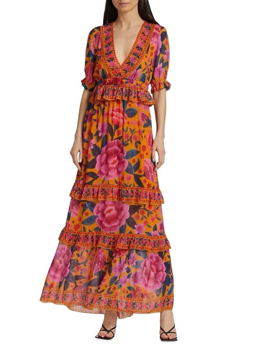 Farm Rio Bright Floral V-Neck Maxi Dress in Orange and Pink